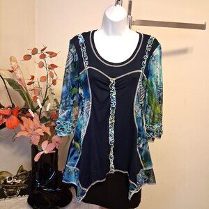 NWT Zoe Women's Navy-Blue Teal Patchwork Design Blouse ¾ Sleeve Top Size 10 M